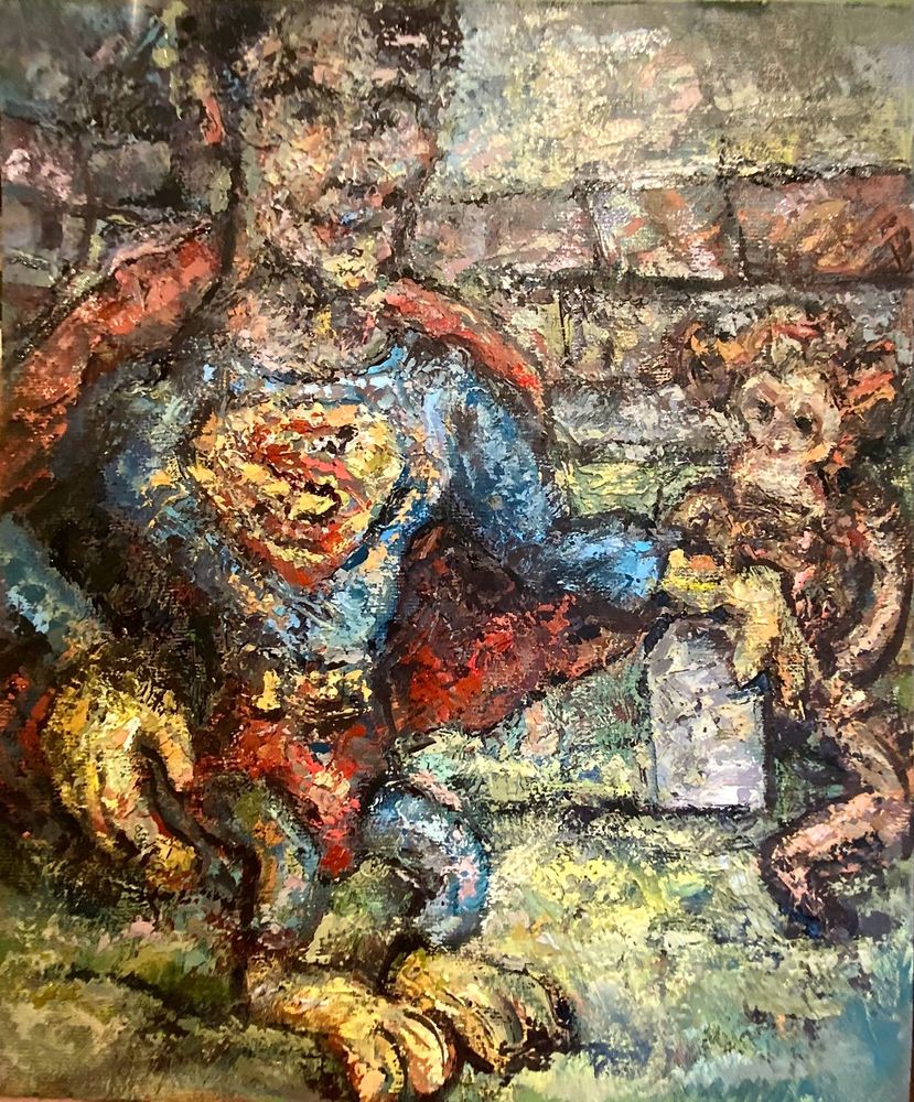 A big (by my standards) bitty messy oil painting of chicken footed superman grasping a gravestone near a small brown monkey. Slow odd cartoony style, but painterly 