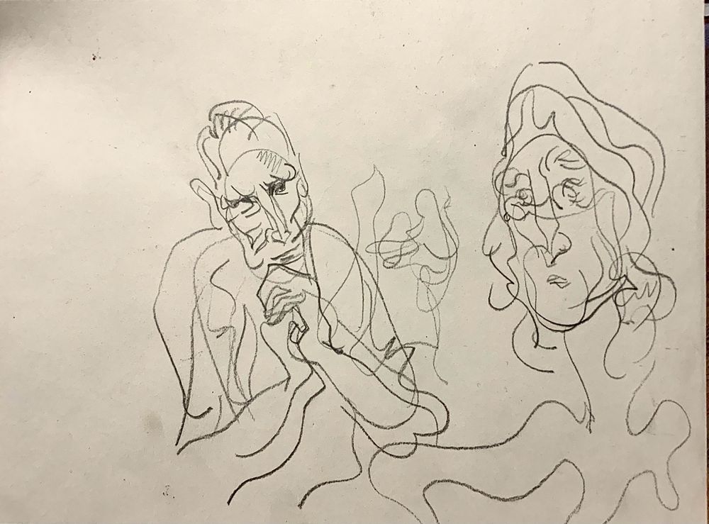 A fast wiggly pencil drawing of George Martin leaning on a desk looking at liquid Lennon 