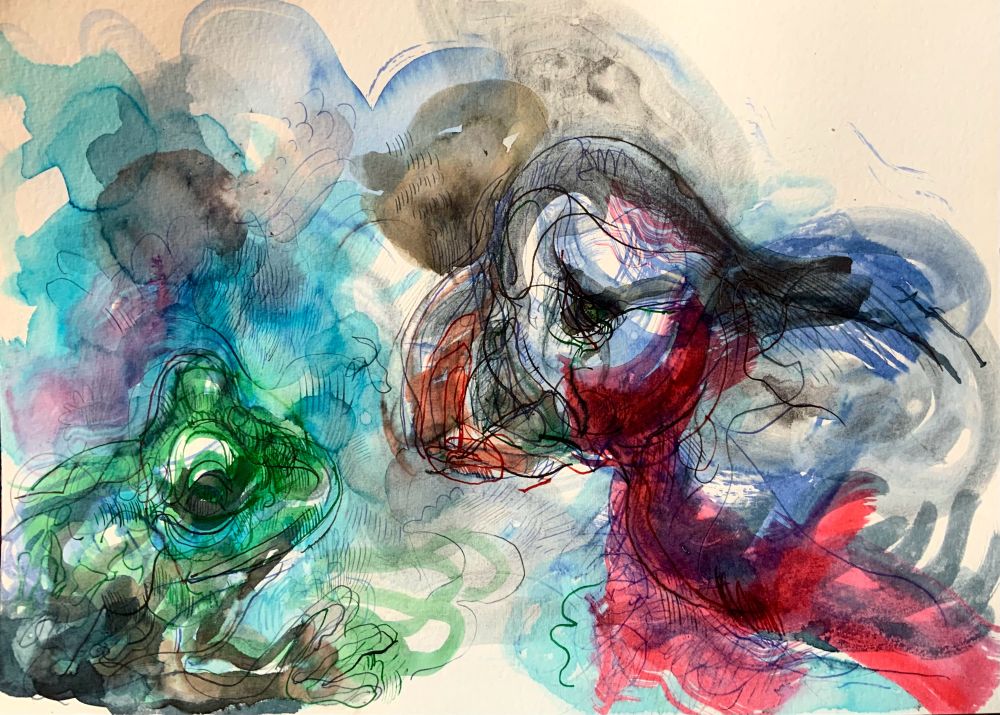 Green frog and puffin, air of spirited unreality, vibrant ink drawing 
