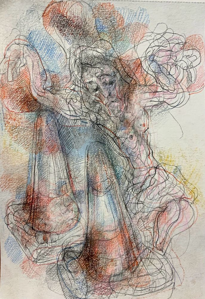 A drawing with two traffic cones and a crucified Christ with a big blobby Red Cross, soft pencil drawing that grew organically and that someone might say something about 