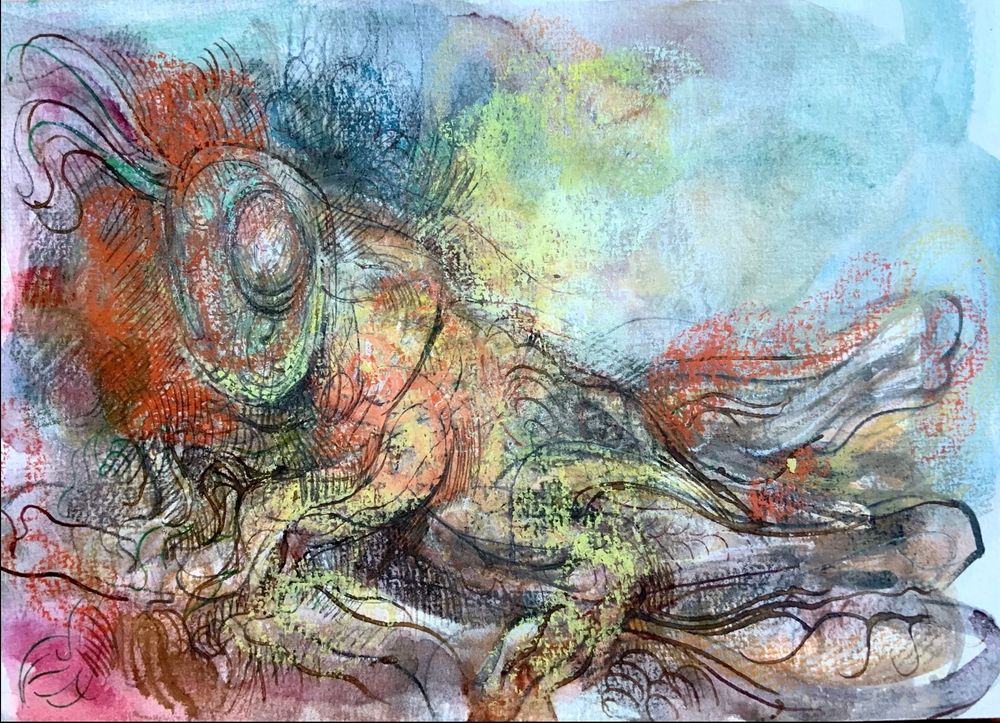 A grasshopper, multi hued and with in and pastel textures yellows, reds, blues