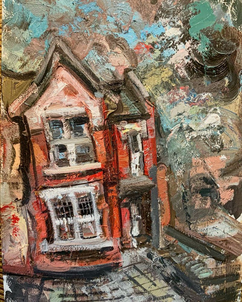 Bold painting of a red house, straight on with squares and rectangles and textures 