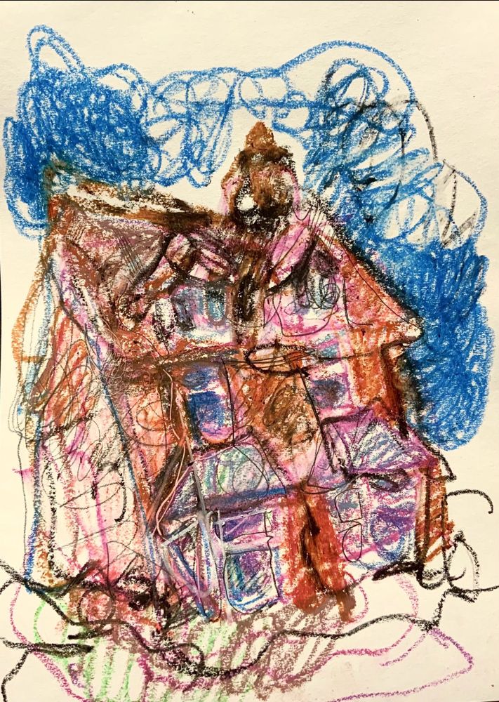 An oil pastel drawing of a strange house with prominent pinks and warm browns. Scribbly but solid and striking 