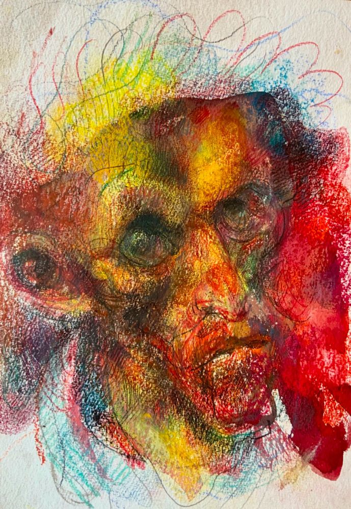 Van Gogh in strong reds and yellows, pale blue collar 