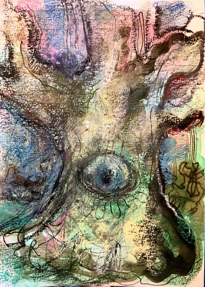 A thick central tree with a single blue eye in the centre, you might categorise this as folk horror if you wanted to, or hauntology 