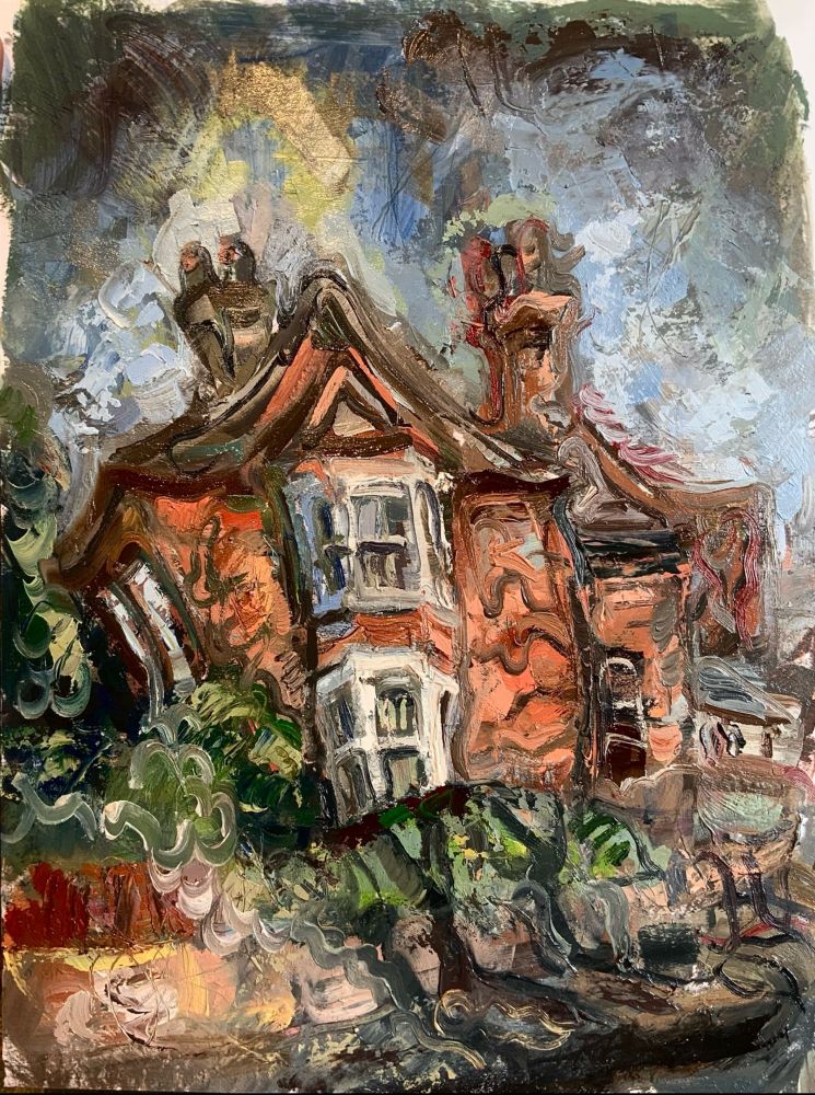 Oil painting of a house with bay windows, wobbly and lively and vibrant 