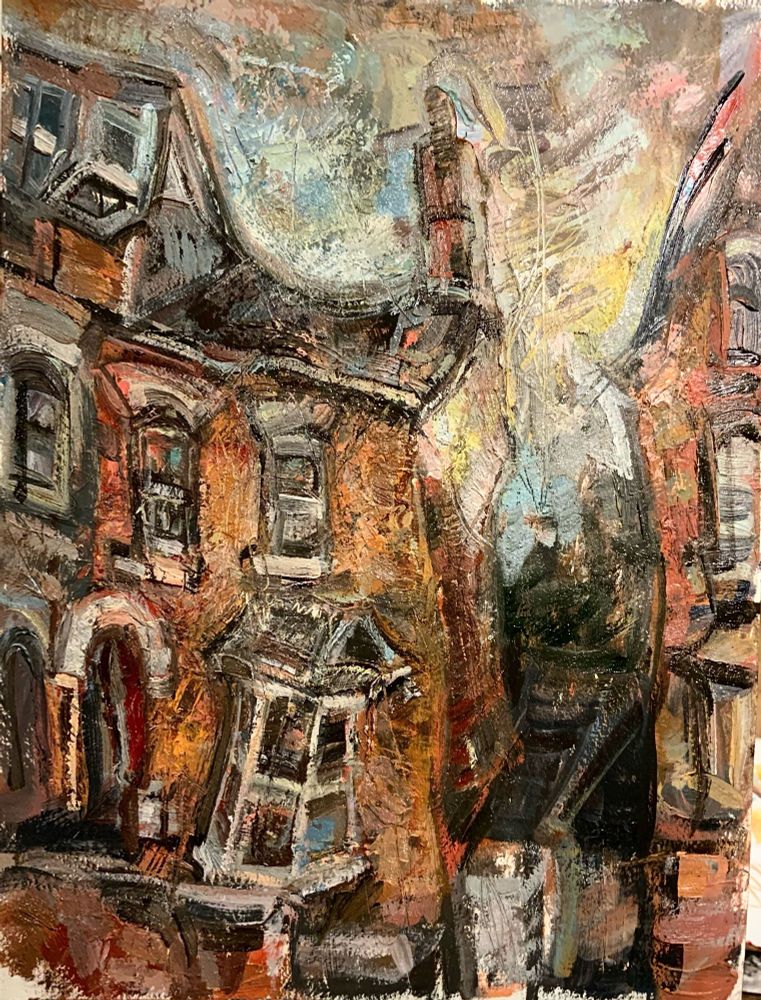 End of terrace with wonky windows and scratchy sky, a painting 