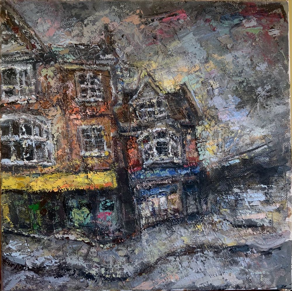 A representation of some shops in Magdalen street in Norwich, oil painting, overcast, grey, wobbly wonky pavement, lots of palette knife marks. Now N Then shop, seemingly shuttered 