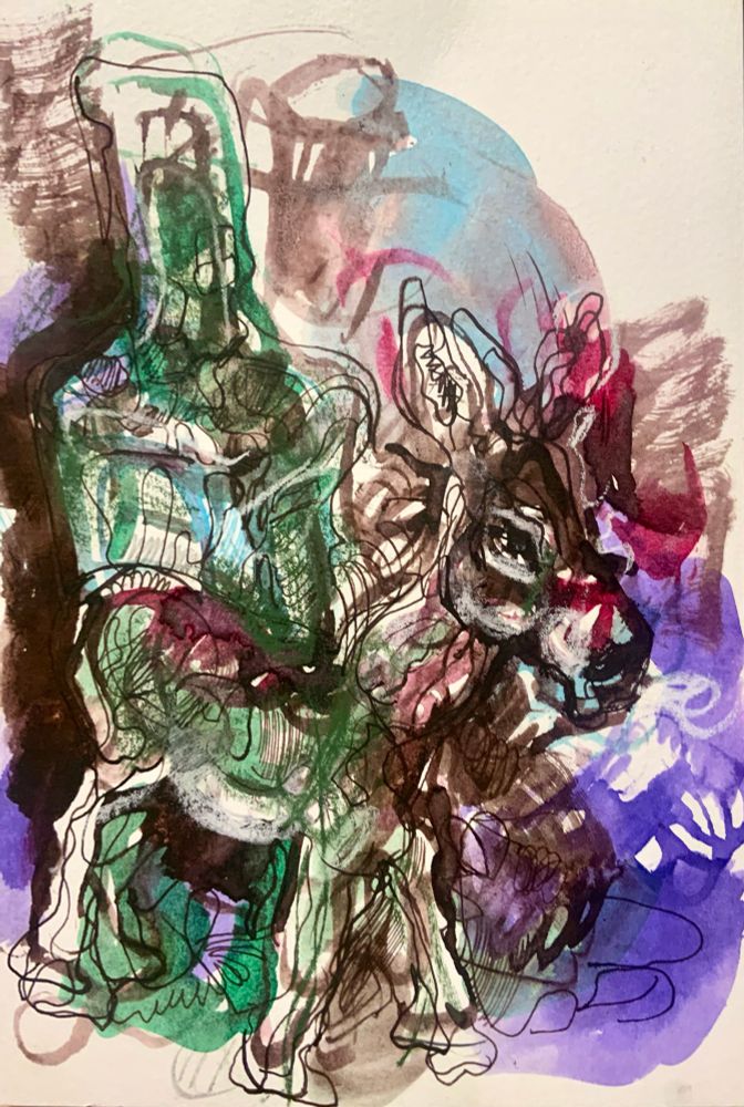 A mostly ink drawing of a dumpy donkey standing in front of a bottle of green liquid, purple and brown and green and pink 