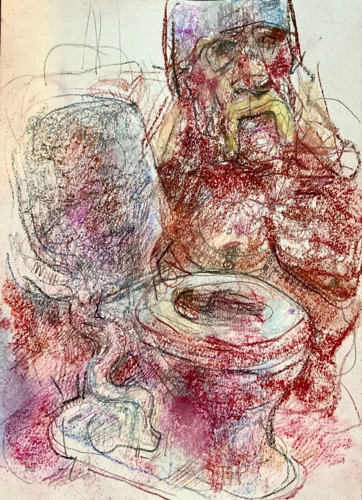 Very dark pink pastelly dry pastel drawing of a toilet, with said flowerpot-hued dim trump supporting wrestler behind it. Although I changed his name in the title cos though I like drawing him I couldn’t bear to write it. A nice messy wessy drawing 