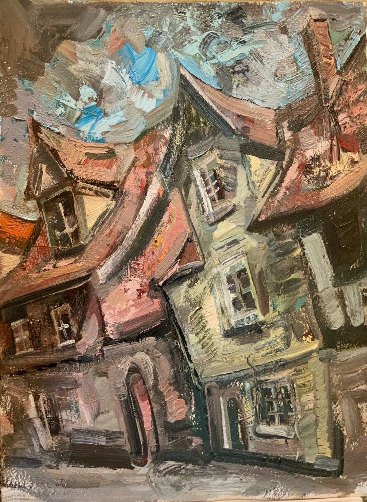 Yellow and pink historic houses in Norwich, decisive creamy painting 