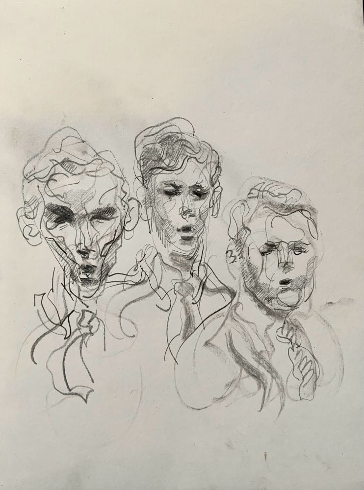 Dennis Brian Carl singing while young, Brian is thin, their hair is side parted and back facing, pencil and charcoal drawing 