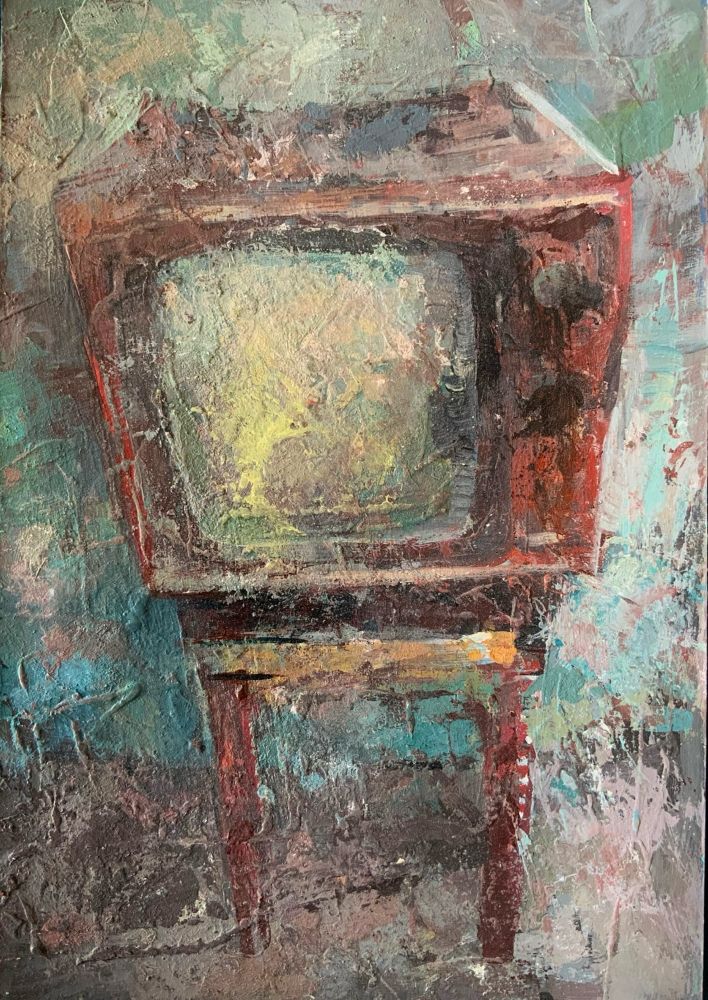 Telly painting, simple old telly, complex textures 