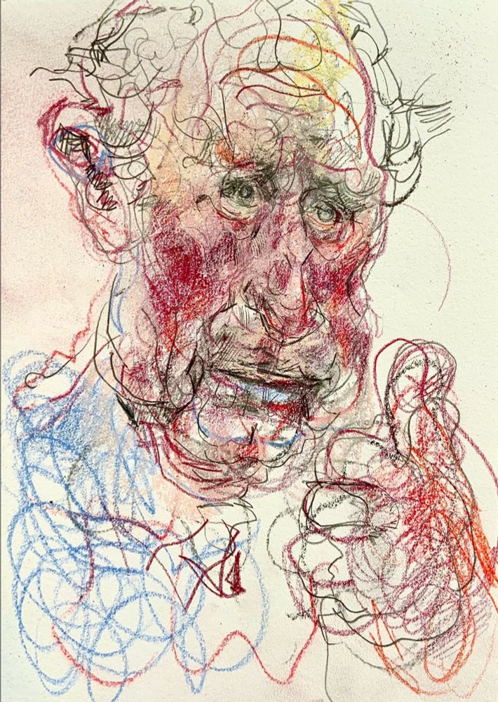 King Charles thumb up scribbly fun fun fun times, coloured pencil drawing 