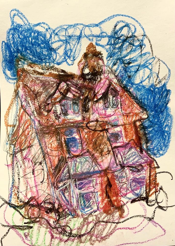 Pinkish brown house with bulbous windows, energetic drawing with bright blue sky. Oil pastels 