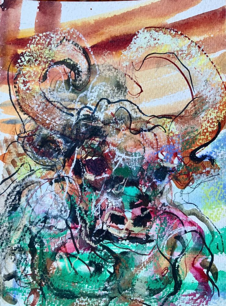 Electric green inflected vaguely holographic looking pained Minotaur ink and pastel drawing 
