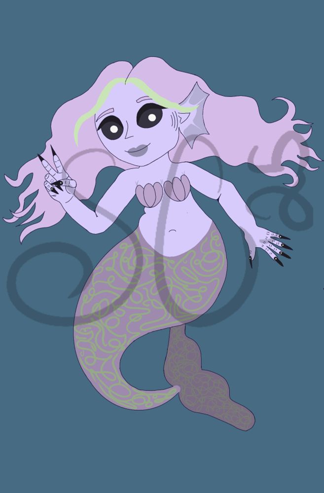 A monochrome purple mermaid with white pupils and green details on her tail. She is showing a peace sign. 
