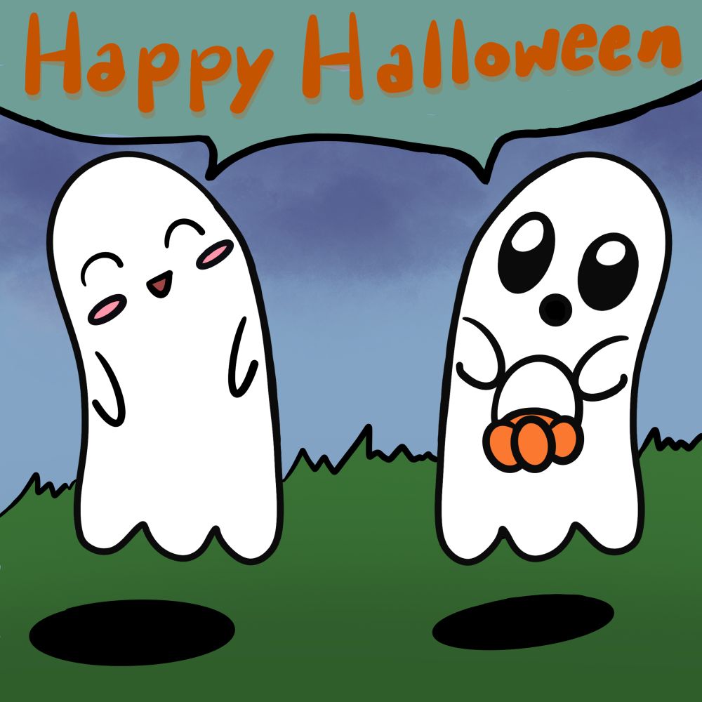 A drawing of two ghosts singing happy Halloween 