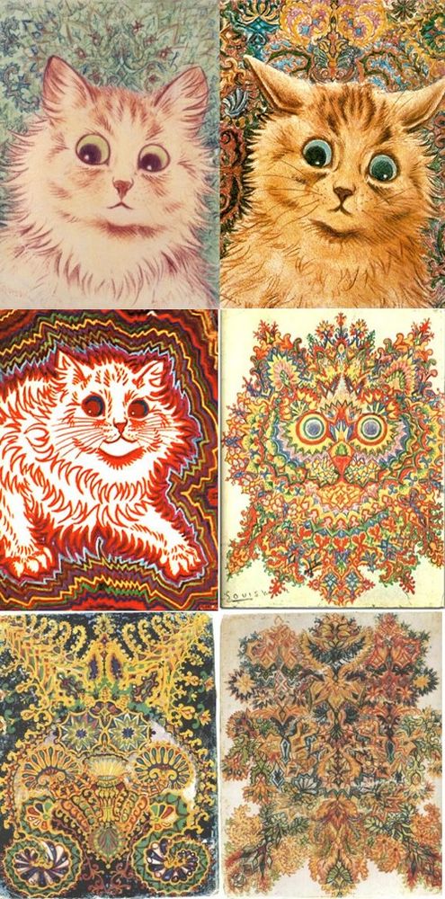 Six drawings/paintings of cats by Louis Wain in various stages of psychotropic flux, from the straightforwardly representational to the fractally polychrome abstract.