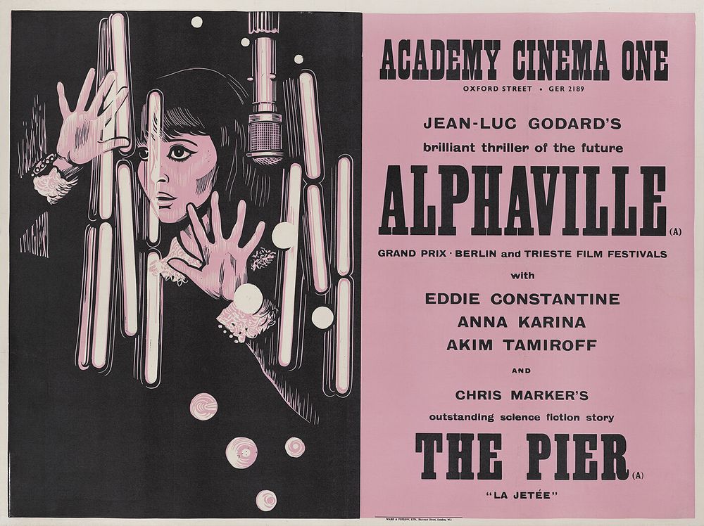 A cinema poster by Peter Strausfeld for a screening of Alphaville and La Jetée at Academy Cinema One, London, in 1966. Two-colour graphics (black and pink) with a linocut showing Anna Karina peering through a window patterned with reflected lights.  