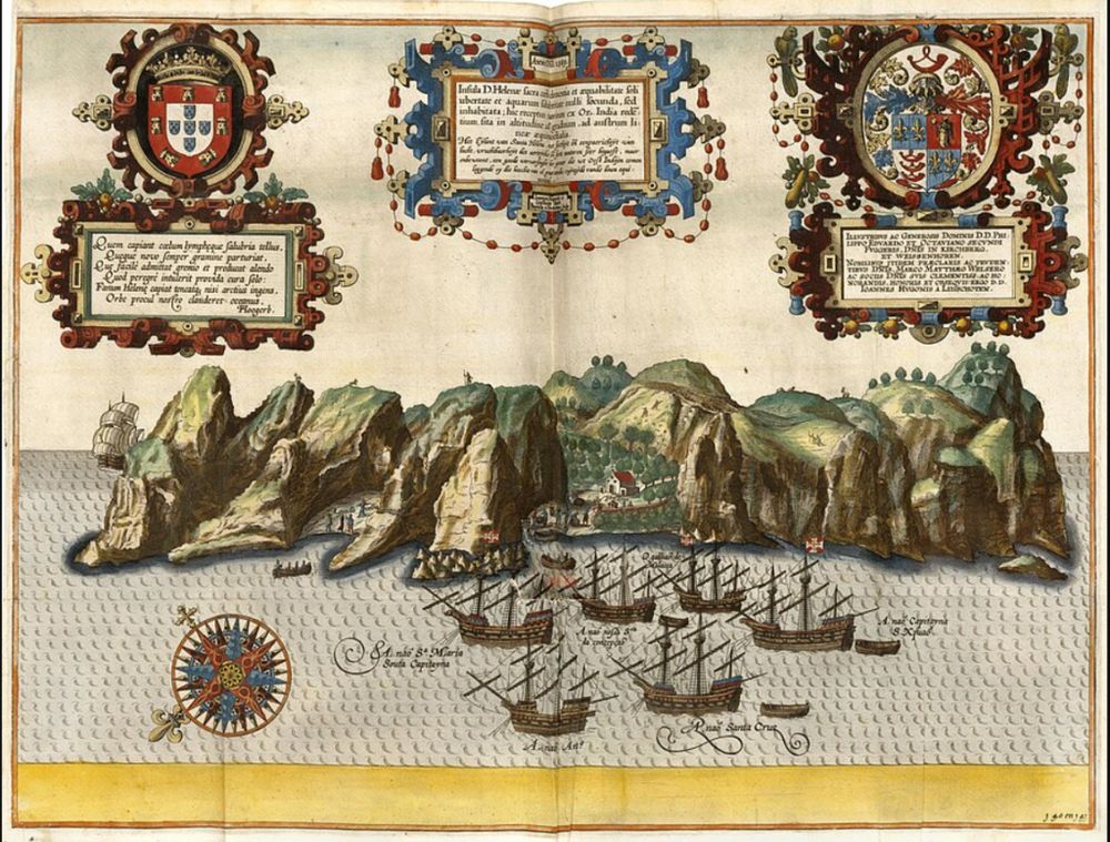 Jan Huygen van Linschoten (copied after), Joannes/Baptista à /van Doetechum, illustration of the island of St. Helena - rocky clifss with green tops and a few buildings, with Portuguese ships anchored off the coast in the blue sea. Caots of arms and text appears above. 