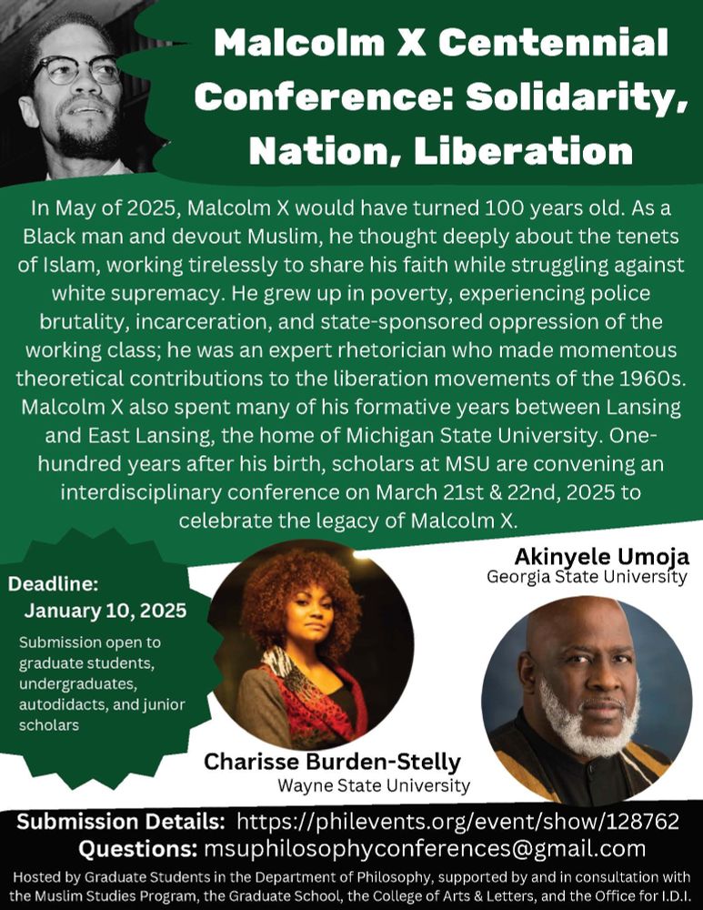 Malcolm X Centennial Conference announcement at Michigan State University, hosted by graduate students in the Department of Philosophy
