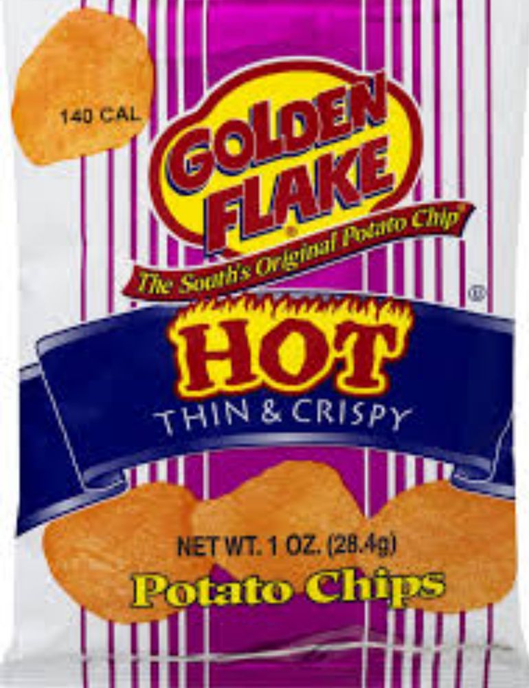 A bag of Golden Flake "Hot" Thin & Crispy Potato Chips; the bag is white with purple pinstripes, with the "HOT Thin & Crispy" on a blue banner in the middle of the package.