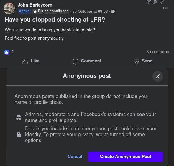 Attached is a screenshot of a posting on the Pittsburgh CAS (Cowboy Action Shooting) Facebook page by Admin and page owner John Barleycorn SASS (Single Action Shooting Society) #76982. He asks "Have you stopped shooting at LFR?" (Logan's Ferry Regulators, the CAS group that shoots at the Logans Ferry Sportsman's Club in Plumb, Pennsylvania.) "What can we do to bring you back into the fold. Feel free to post anonymously." There is also a screenshot concerning Anonymous posts that says "Admins, moderators, and Facebook systems can see your name and profile photo." Since John is an admin and is asking the question, one cannot actually posy anonymously as he would know that I posted and, given my opinion, I would be immediately banned and the post deleted. For all the details, read my blog at https://dime-novel-hero.dreamwidth.org/2025/05/16/

#cowboyactionshooting #shootingsports #firearms #transphobia