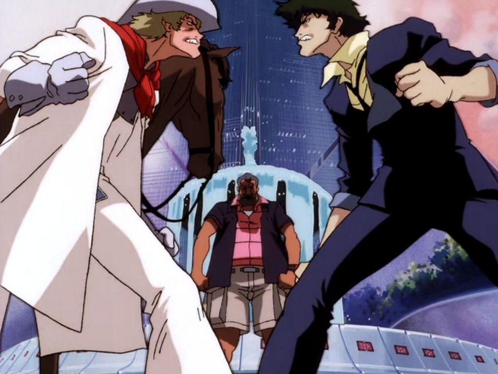 A screen capture from the anime "Cowboy Bebop" where main character Spike Spiegal is standing off against episode "antagonist" Andy. Both bounty hunters (in the series known as cowboys).