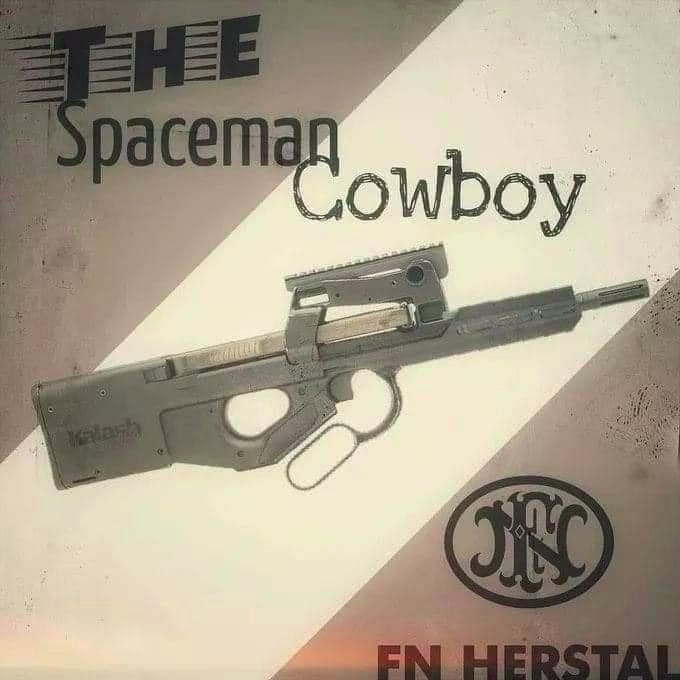 The image is of a "cursed gun", that is, some sort of Frankenstein's monster firearm. Specifically, it is the main body of a space-age bullpup FN Herstal P-90 modified with a lever action. 