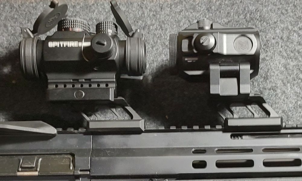 The top rail of my SARB-15 bullpup platform with two optics. The first is a Vortex Optics Spitfire 1x Prism Scope. After that is a Monstrum Ghost G3 3X Micro Magnifier with Flip-to-Side Mount. The guidance is to have the magnifier first but this terribly distorted the reticle so I put the magnifier after the prism. In this way, the illuminated circle and dot will remain the same size whether magnified or not. I am concerned that having the magnifier after might add some distortion that affects accuracy at range. I will need to take it to the range and re-zero it and test. The alternative becomes getting a single 3x prism. How will that work for me when I'm doing CQB at close range? I'll have to test that at the range, too.