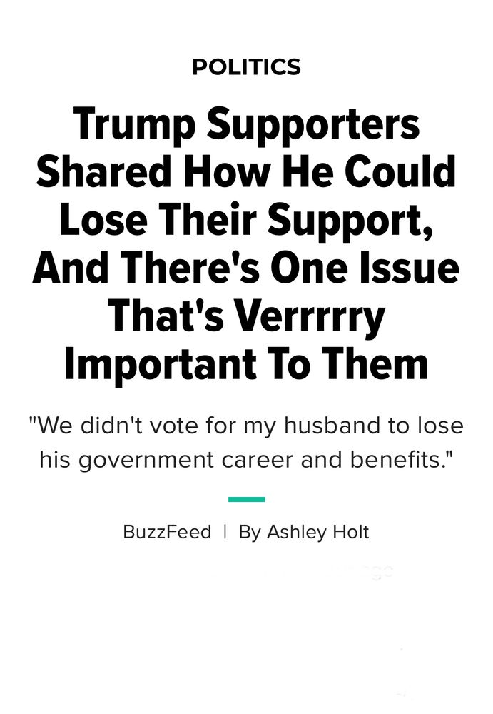 Screenshot of HuffPost Headline of reporting by Ashley Holt for BuzzFeed:

Trump Supporters Shared How He Could Lose Their Support, And There's One Issue That's Verrrrry Important To Them

"We didn't vote for my husband to lose his government career and benefits."
