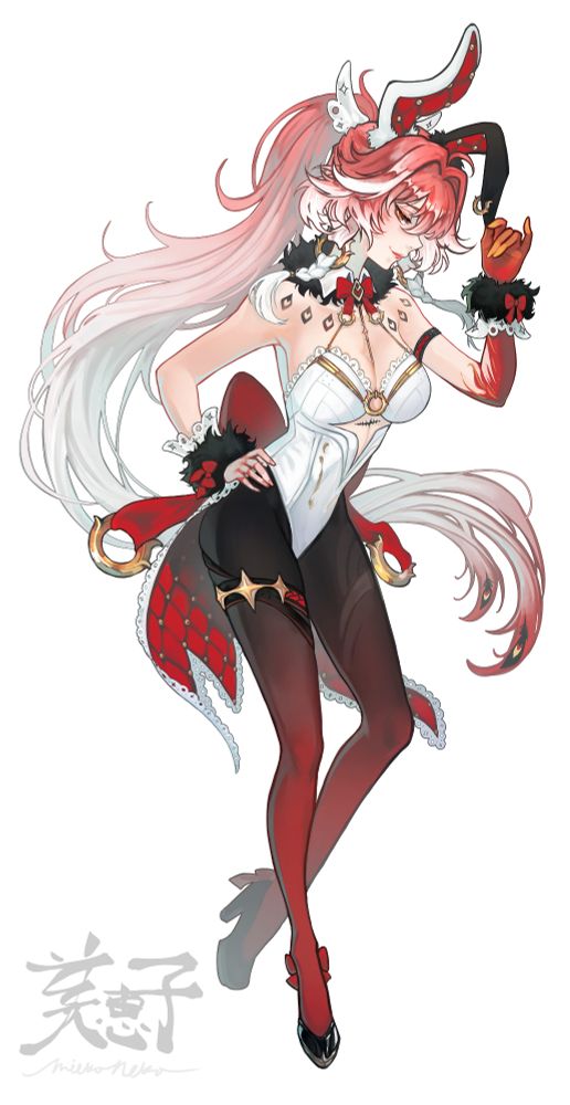 Changli from Wuthering Waves Crimson Bunny outfit fan design holding her left bunny ear with hand on hip