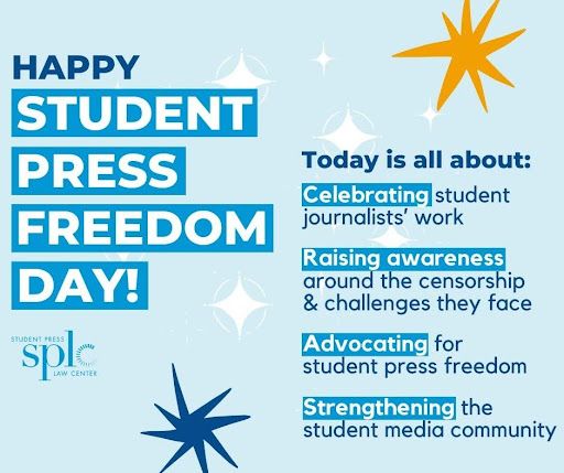 Graphic for Student Press Freedom Day: “Today is all about: celebrating student journalists’ work; raising awareness around the censorship & challenges they face; advocating for student press freedom; strengthening the student media community.”
