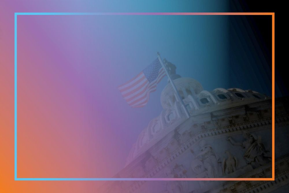 Purple and orange gradient over capitol building.
