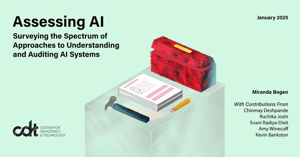 Graphic for CDT AI Gov Lab's report, "Assessing AI: Surveying the Spectrum of Approaches to Understanding and Auditing AI Systems." Illustration of a collection of AI "tools" and "toolbox" – a hammer and red toolbox – and a stack of checklists with a pencil.
