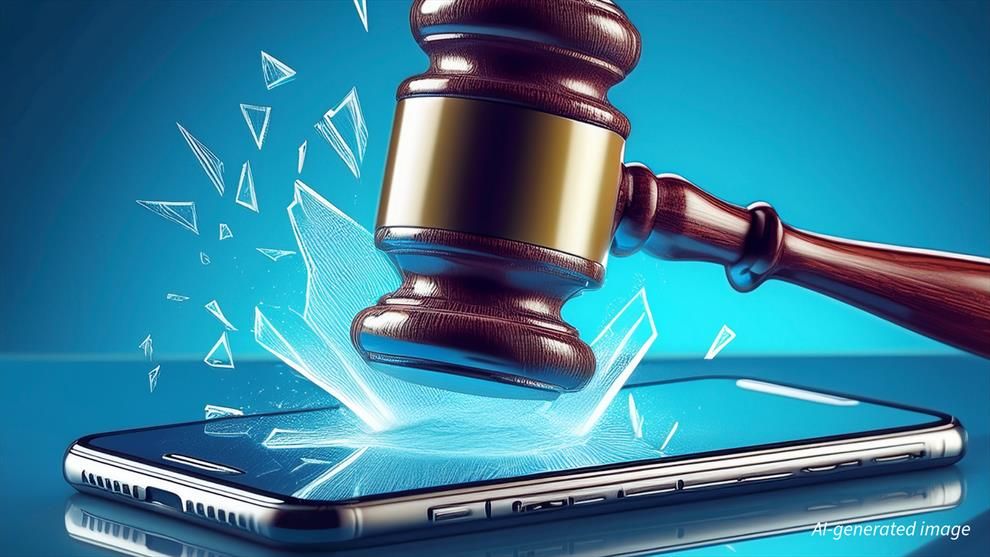 AI-generated image of a gavel smashing a cell-phone.