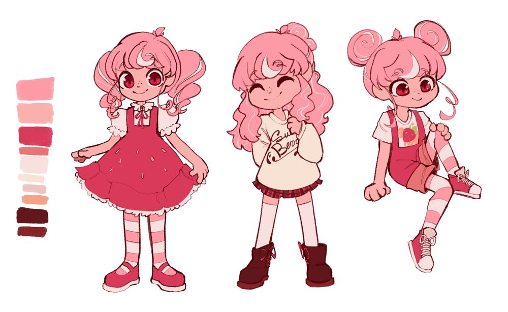 An original character made by me based off of strawberry wafer sticks, she has pink wavey hair with a few strands pf white in it.
the character has 3 different looks, one where she's wearing a red puffy dress and shoes with striped pink and white stockings and has her hair be made into two curly pigtails, one with the same striped stockings but with red short overalls and a white shirt and her hair is two buns.
the third is with her hair more let down and some of is made into a bun in the back, she's wearing a creamy colored oversized log sleeve sweater with a short red pattered skirt underneath, white long socks and slightly tall dark brown boots that has a red ribbon on the side.