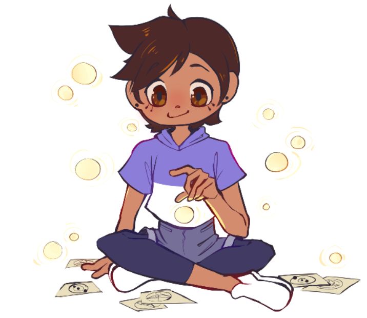 Luz, the protagonist of the show "The Owl House" sitting with a few paper glyphs and light orbs around her.