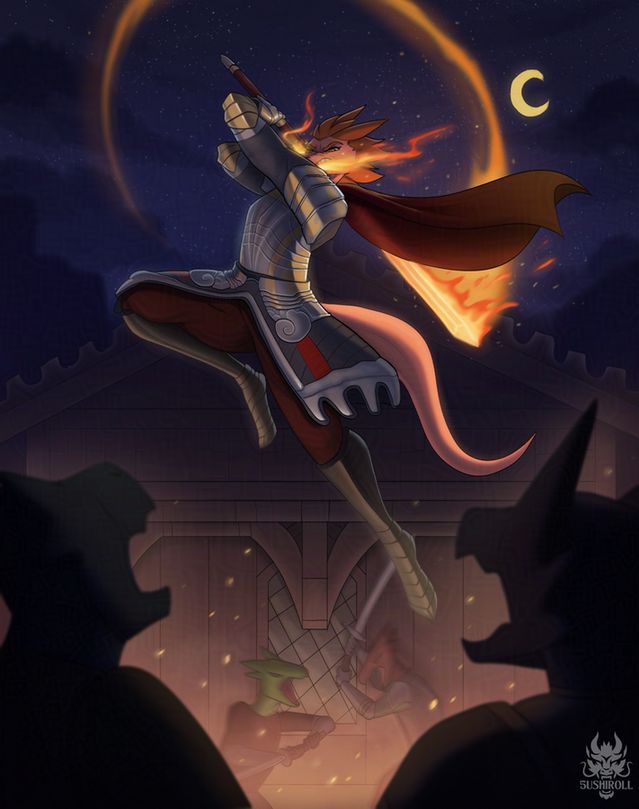 A dragonborn with a longsword jumps from a rooftop onto a scuffle below. She has ignited her sword and flames shoot from her mouth as she prepares a deadly strike on two unlucky bandits in the foreground