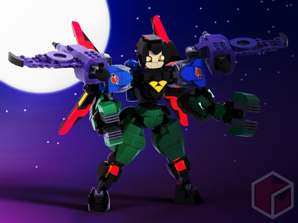 A mashup of parts from various figures. Head and torso from Blacktron; shoulders from Classic Space; arms and legs from military cyborg, and booster wings from Galidor.