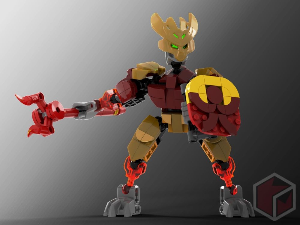 Bionicle G2 style moc of matoran Jaller with staff and shield of the Ta-Koro Guard 