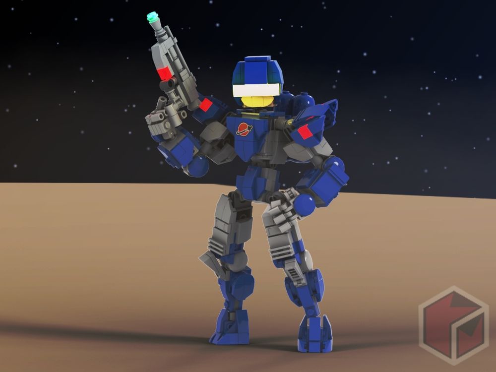 Lego figure in the design of a classic space Minifigure with a space laser in the right hand. A yellow visor over the eyes.