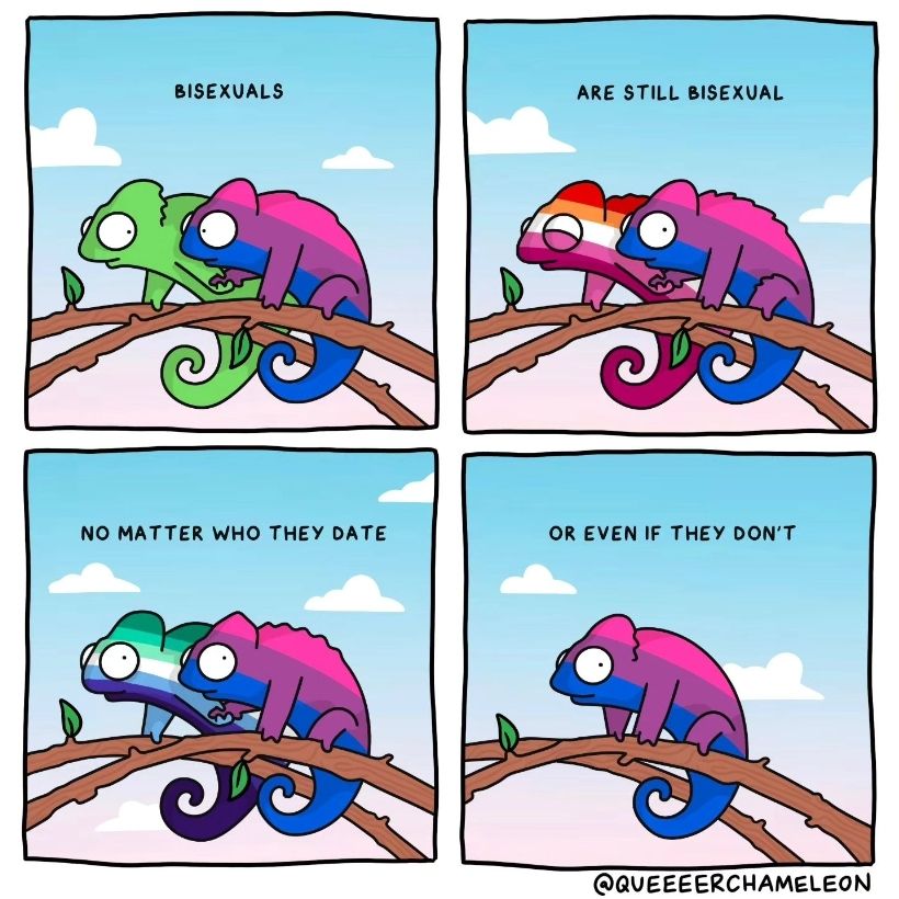 comic by insta::@queerchameleon of bi pride colored chameleon holding hands with a range of other chameleons; captioned: "bisexuals are bisexuals no matter who they date or if they don't"