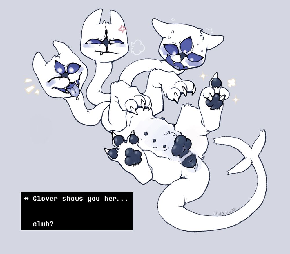 Clover, a monster from Deltarune, lies on her back playfully showing the viewer her nips, butt and clover-shaped "spade."

One head's having a great time, one's very grumpy, and one's flabbergasted at the whole situation.