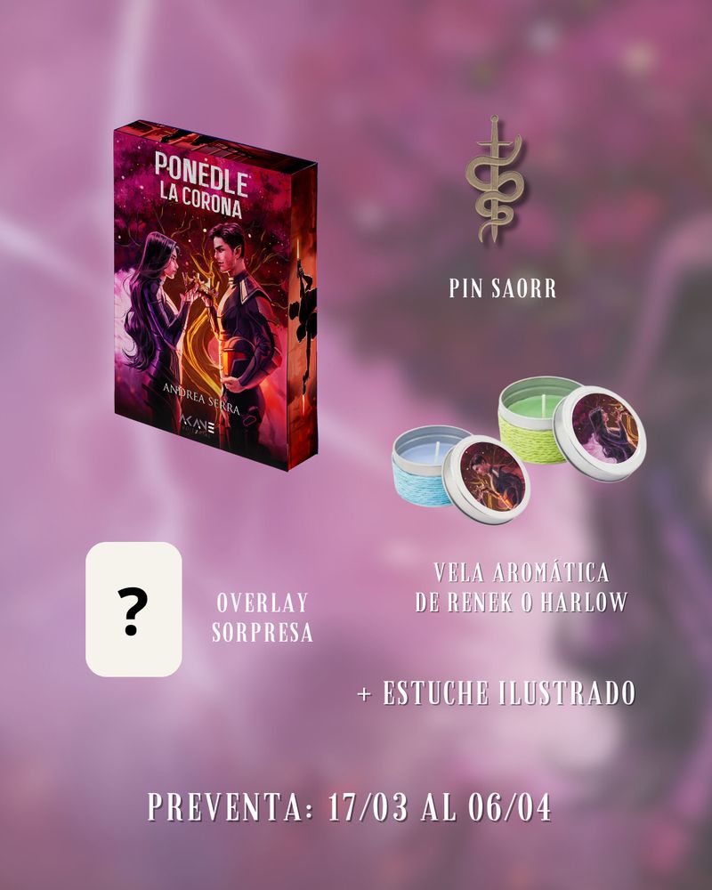 Imagen con los regalos de preventa: Pin de Saorr, overlay sorpresa, vela aromática y estuche ilustrado