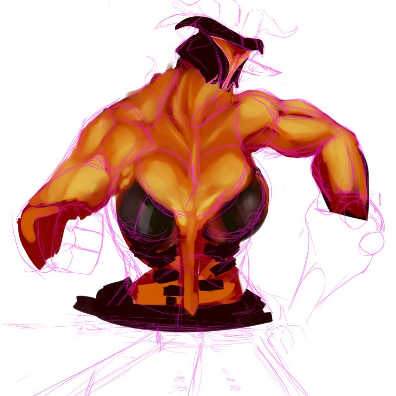 Work in progress of a huge, muscled lava lady with a some metal armour bits. Her cleavage is overflowing with lava.