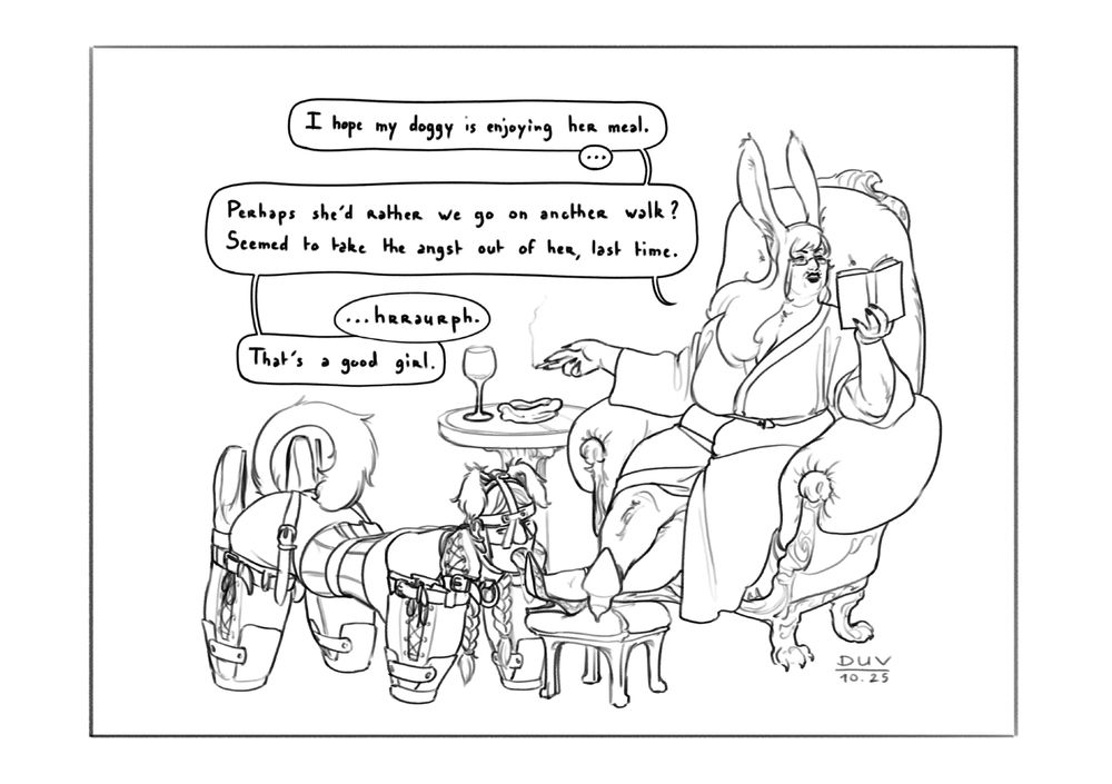 Marion, a bunny woman, is comfortably reading a book and smoking in a big chair, wearing only a robe and some high heels. Echyr, another woman, is bound in a leather bitchsuit complete with fake ears and a tail plug, and is licking Marion's heels through an open muzzle gag