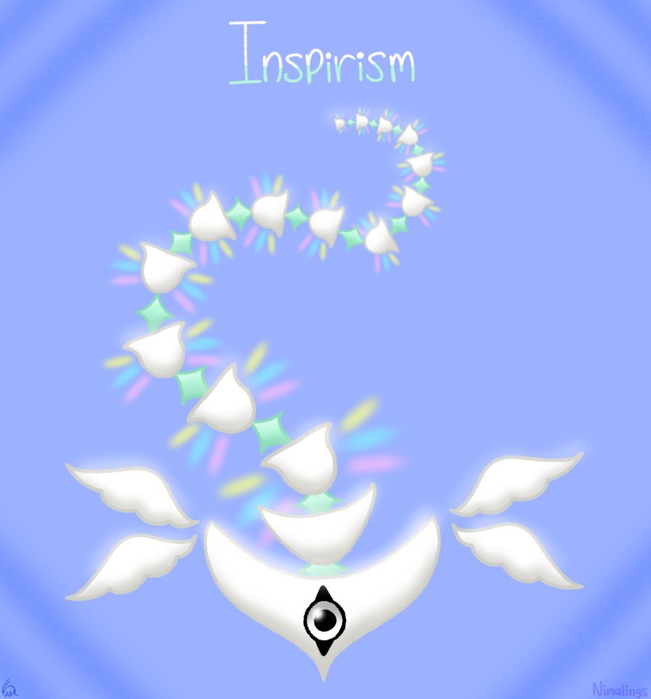 Digital illustration of a long angelical being made of many white bone-like segments, ech segment has 3 pairs of yellow, cyan & magenta light protuding from it. Their head is boomerang-shaped, tapered at the end, with a single round eye with 2 triangular markings on the bottom and the top, 4 wings float beside the head