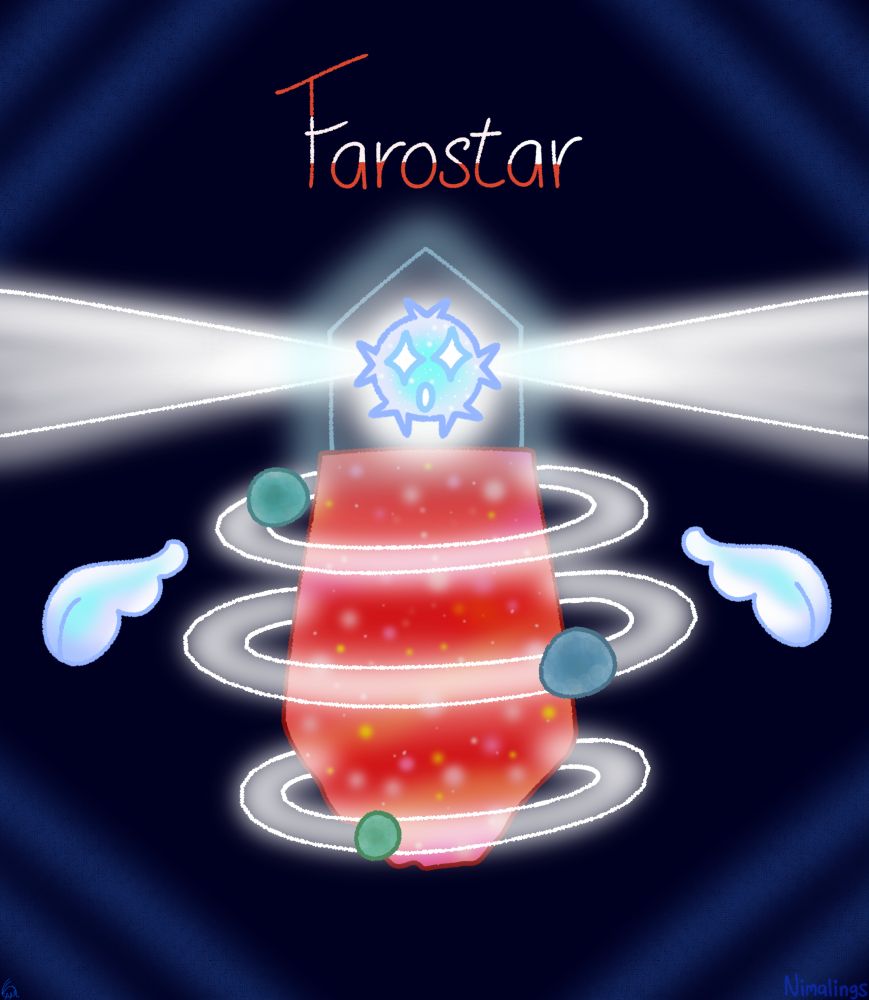 Digital Illustration of a Lighthouse creature with a Neutron Star Pulsar as it's head. Their main body is an elongated red nebula with 3 white rings of light around it, each with a plaanetoid in its orbit. The face has 2 diamond shaped eyes and an open mouth, with 5 pairs of spike around it. They have two cloud-like blue hands floating on the side.